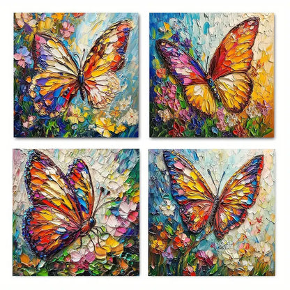 4pcs Vibrant Butterfly & Floral    B    Wall Art Canvas Framed