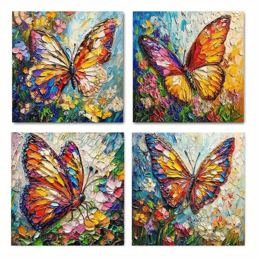 4pcs Vibrant Butterfly & Floral    B    Wall Art Canvas Framed