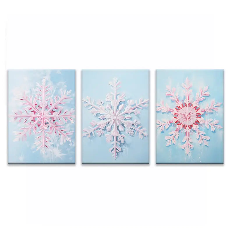 3pcs Pink Ice & Snowflake Contemporary Metal Print Ready to Hang Art
