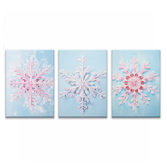 3pcs Pink Ice & Snowflake Contemporary Metal Print Ready to Hang Art