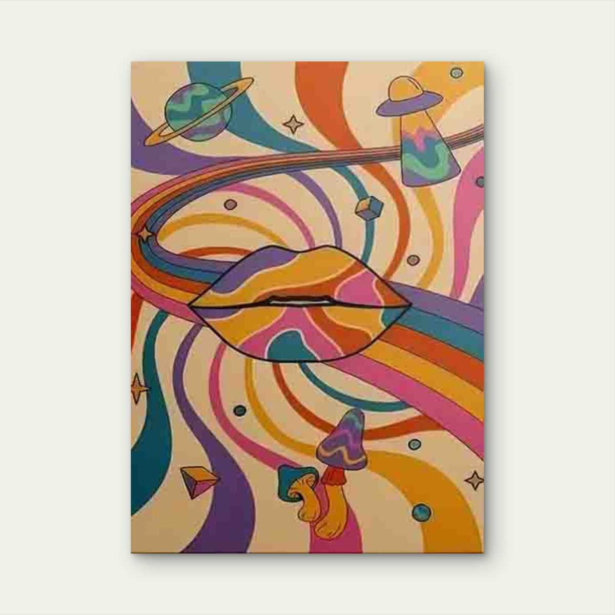 Psychedelic Lips with Swirls, Planets, UFO, Mushrooms Metal Print Ready to Hang