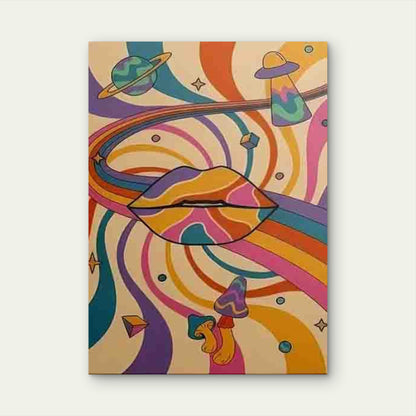 Psychedelic Lips with Swirls, Planets, UFO, Mushrooms Metal Print Ready to Hang