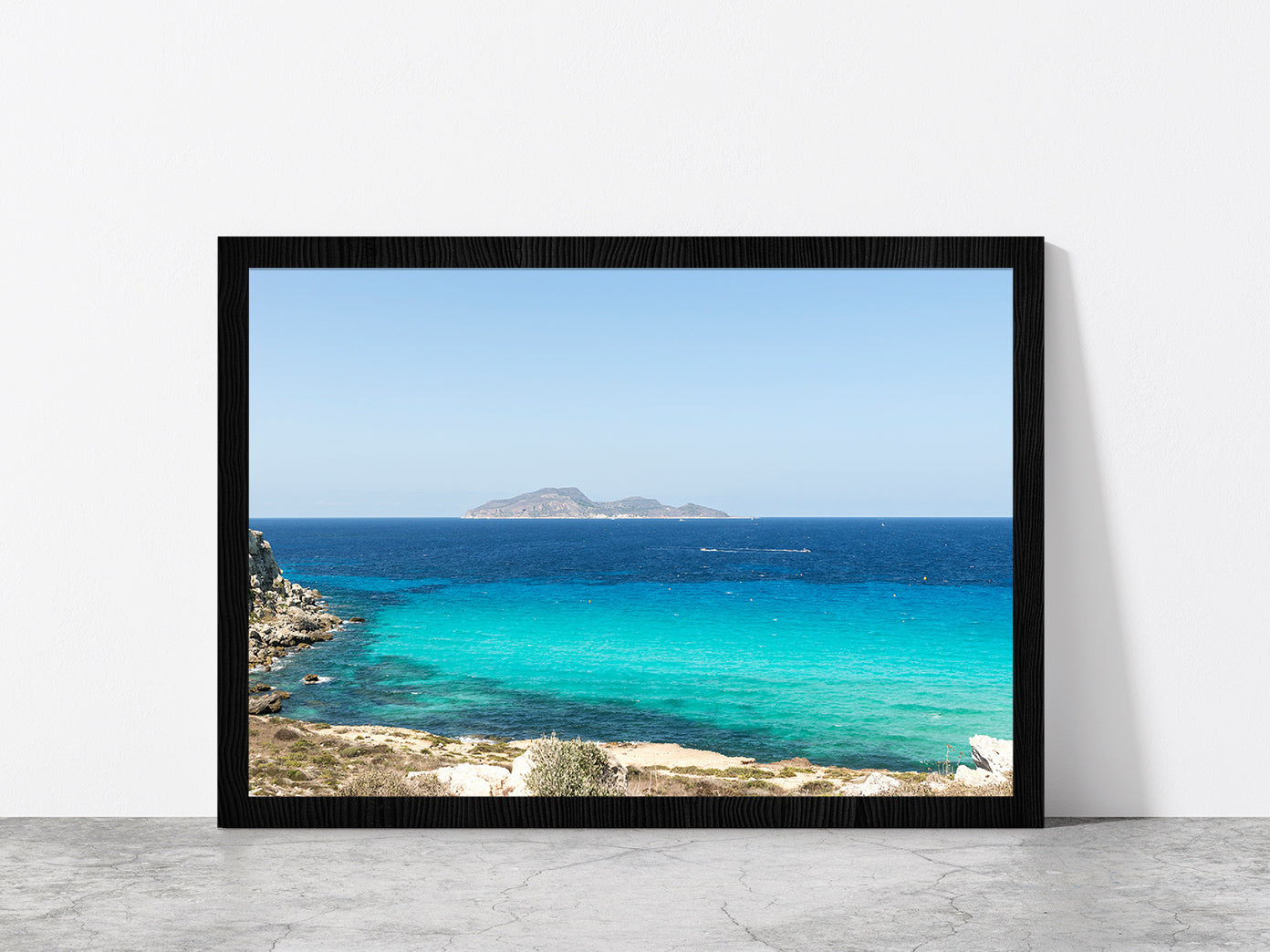 Favignana Island Beach With Ocean Glass Framed Wall Art, Ready to Hang Quality Print Without White Border Black