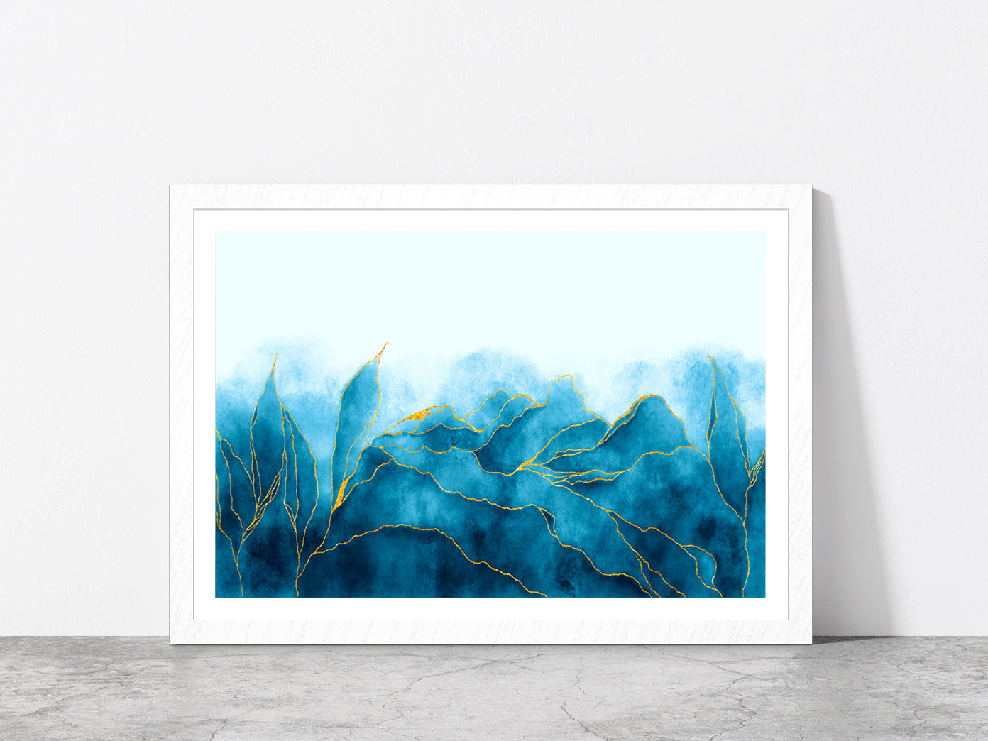 Blue & Gold Watercolor Paint Glass Framed Wall Art, Ready to Hang Quality Print With White Border White