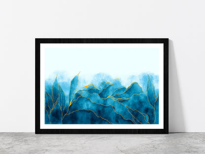 Blue & Gold Watercolor Paint Glass Framed Wall Art, Ready to Hang Quality Print With White Border Black