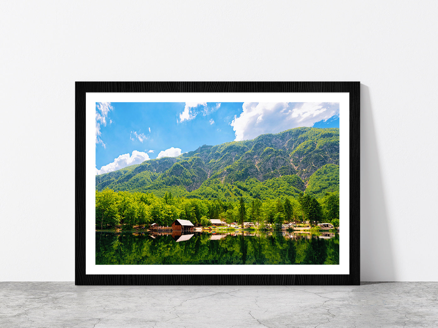 Caravan Trailers Near Bohinj Lake Glass Framed Wall Art, Ready to Hang Quality Print With White Border Black