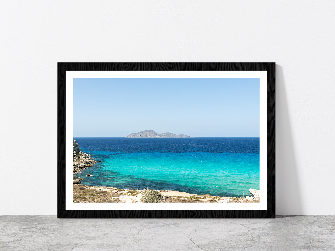 Favignana Island Beach With Ocean Glass Framed Wall Art, Ready to Hang Quality Print With White Border Black