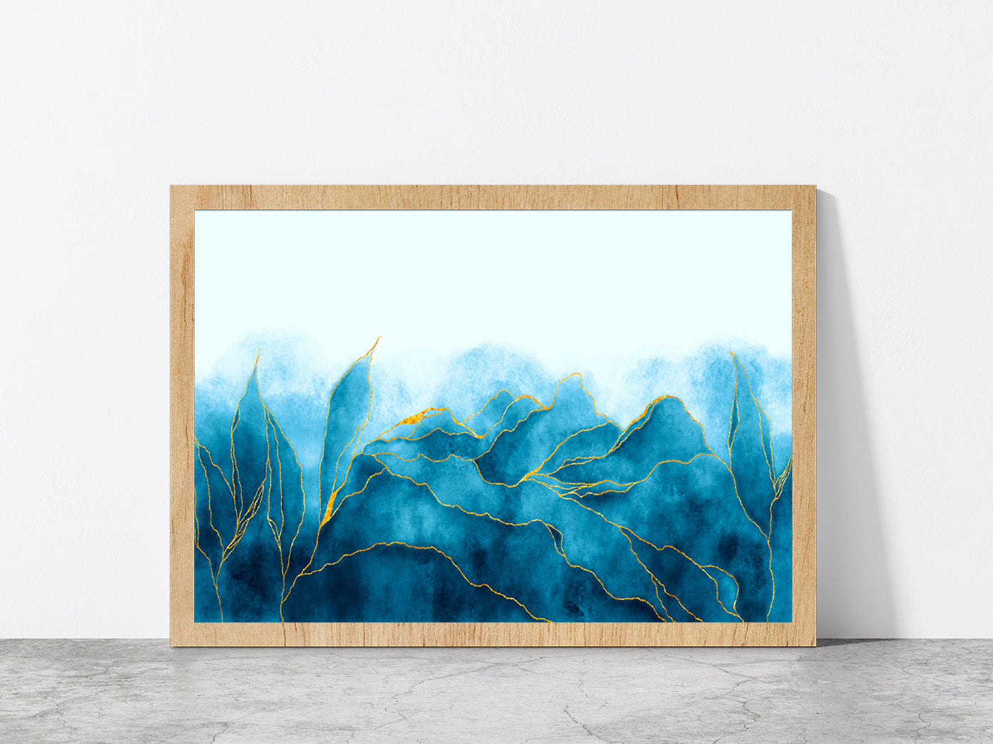 Blue & Gold Watercolor Paint Glass Framed Wall Art, Ready to Hang Quality Print Without White Border Oak