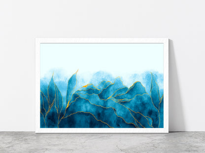 Blue & Gold Watercolor Paint Glass Framed Wall Art, Ready to Hang Quality Print Without White Border White