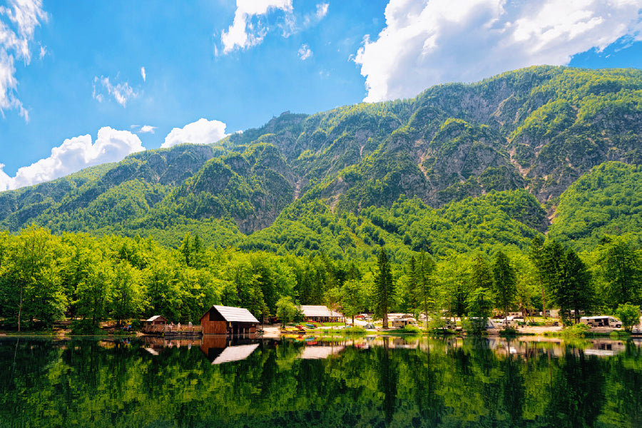 Caravan Trailers Near Bohinj Lake Glass Framed Wall Art, Ready to Hang Quality Print