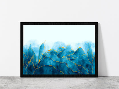 Blue & Gold Watercolor Paint Glass Framed Wall Art, Ready to Hang Quality Print Without White Border Black