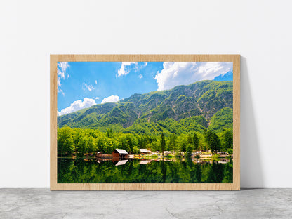 Caravan Trailers Near Bohinj Lake Glass Framed Wall Art, Ready to Hang Quality Print Without White Border Oak