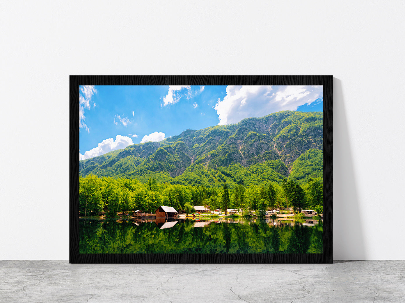 Caravan Trailers Near Bohinj Lake Glass Framed Wall Art, Ready to Hang Quality Print Without White Border Black