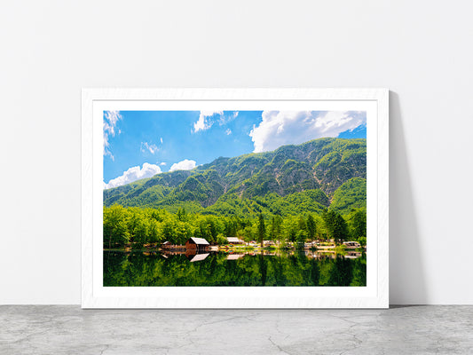 Caravan Trailers Near Bohinj Lake Glass Framed Wall Art, Ready to Hang Quality Print With White Border White