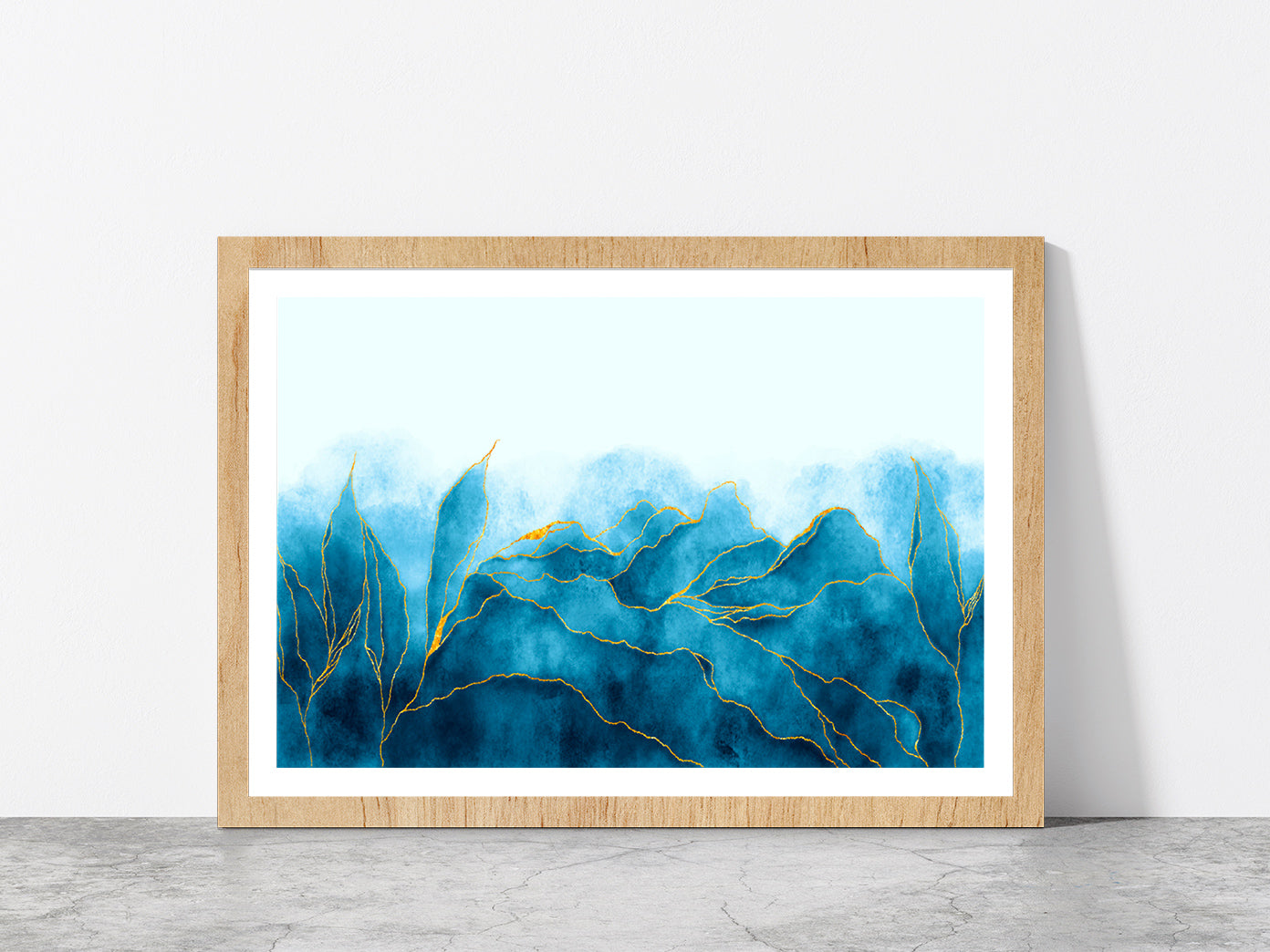 Blue & Gold Watercolor Paint Glass Framed Wall Art, Ready to Hang Quality Print With White Border Oak