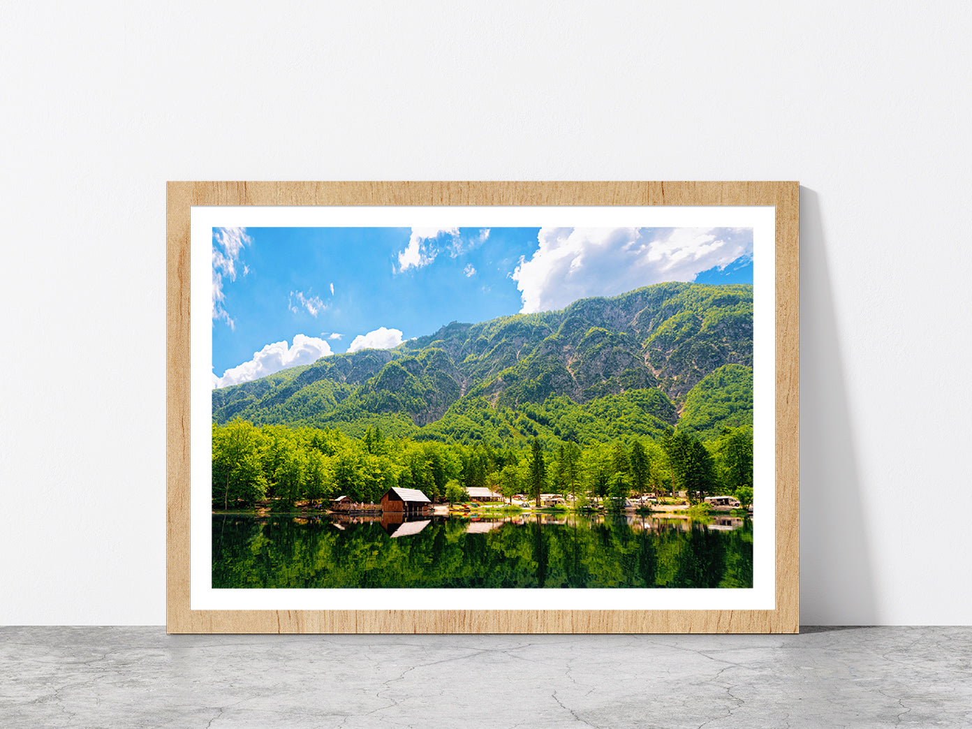 Caravan Trailers Near Bohinj Lake Glass Framed Wall Art, Ready to Hang Quality Print With White Border Oak