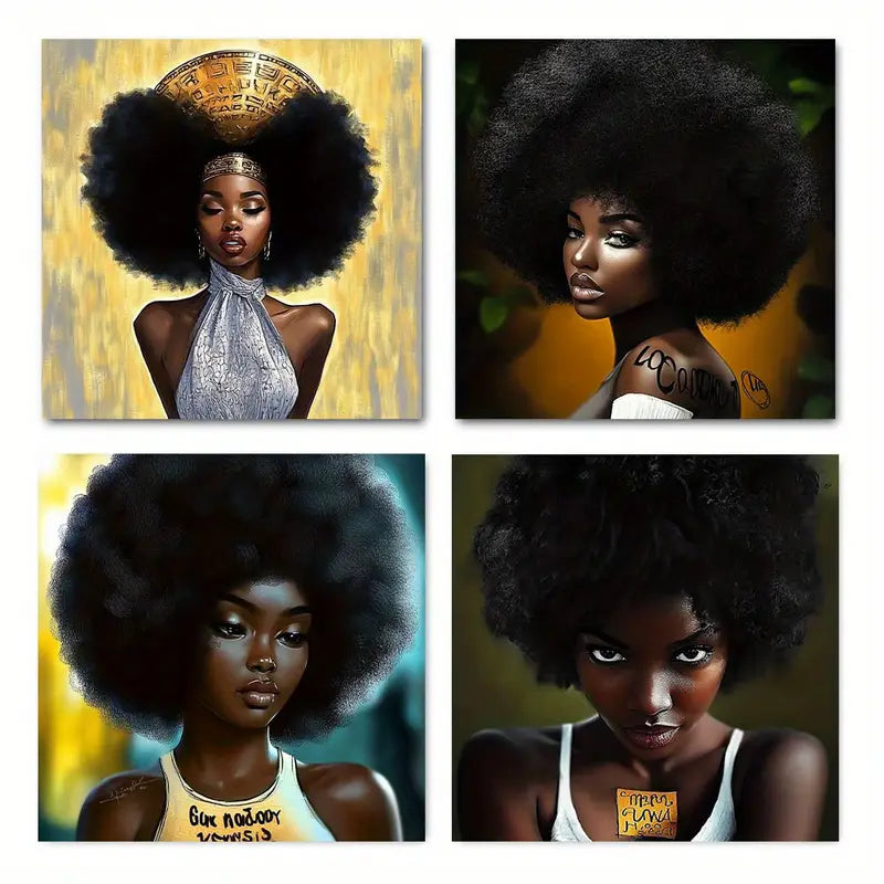 4pcs Black Queen Portraits With Empowering Words Wall Art Canvas Framed
