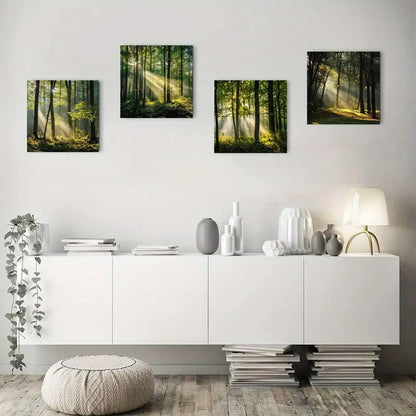 4pcs Green Autumn Forest Sunlight & Misty Forest Wall Art Canvas Framed