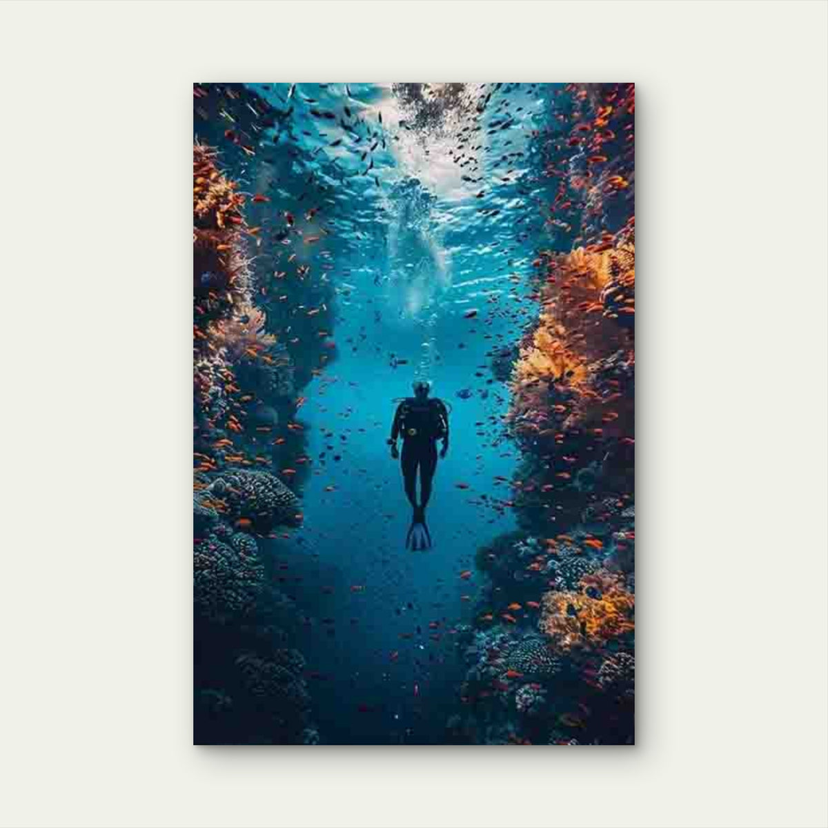 Vibrant Underwater Scene with Scuba Diver 60x90cm Metal Print Ready to Hang