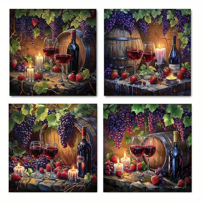 4pcs Elegant Red Wine & Grape  EE Wall Art Canvas Framed