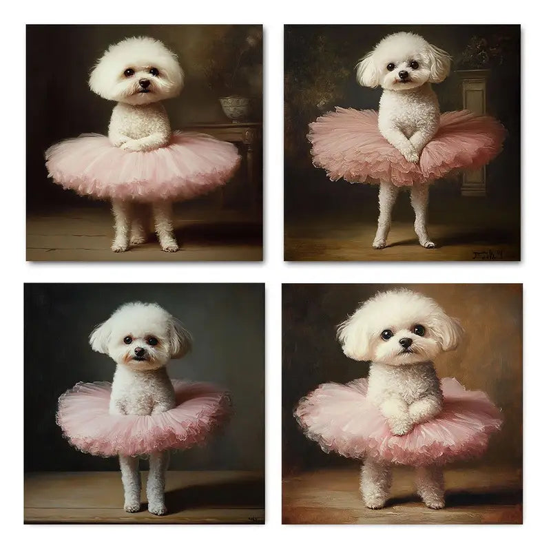 4pcs Ballet Puppy In Pink Tutu Wall Art Canvas Framed