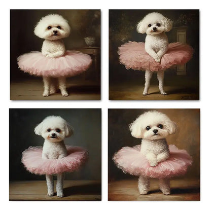 4pcs Ballet Puppy In Pink Tutu Wall Art Canvas Framed