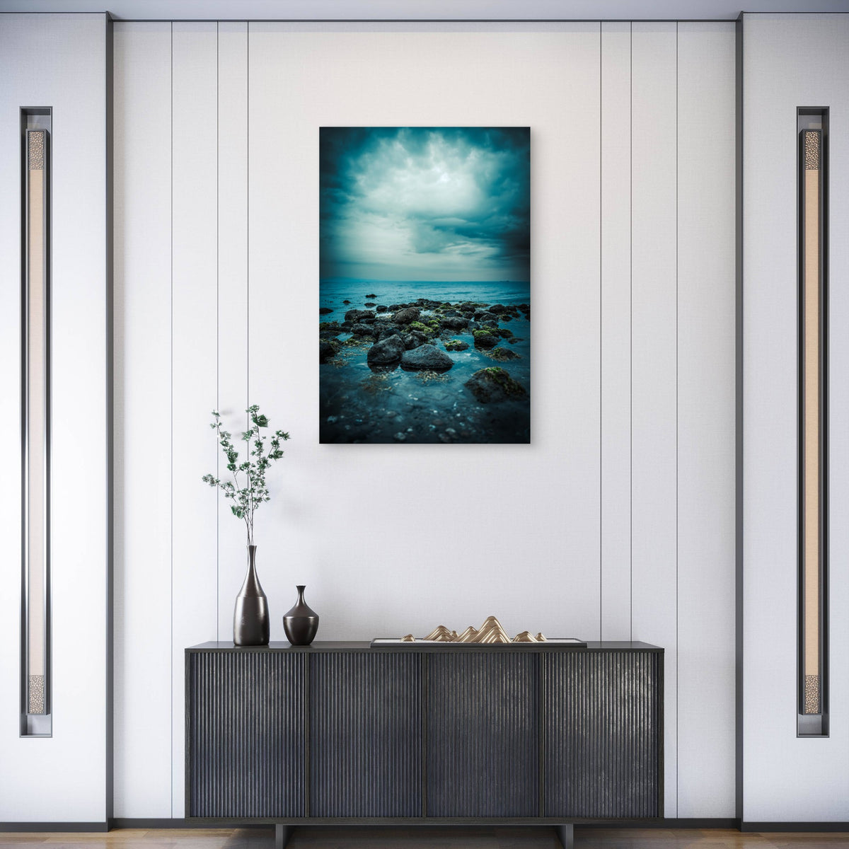 Dark Moody Ocean Stormy Sky Mossy Rock 40x60cm Metal Print Ready to Hang