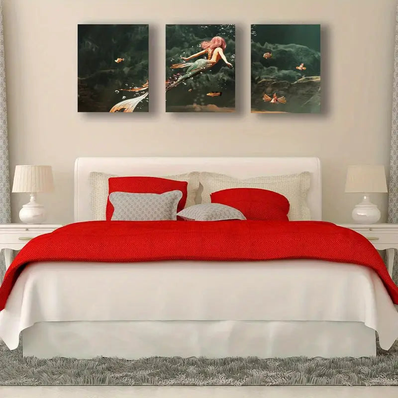 3pcs Mermaid Swimming In Underwater Ocean Fantasy Metal Print Ready to Hang Art