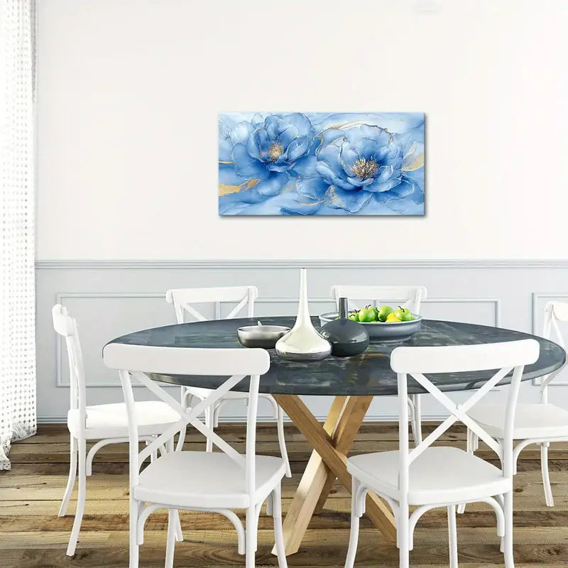 Abstract Flower Blue & Golden Floral Wall Art canvas office home room framed 120x60cm