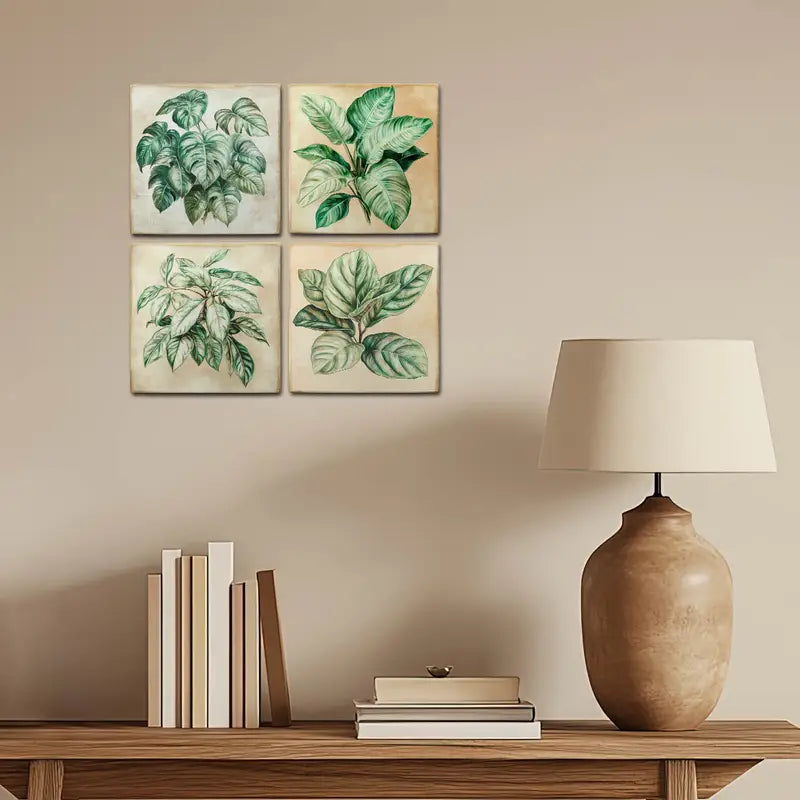 4pcs Green Leaves Decor Wall Art Canvas Framed
