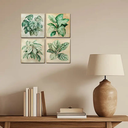 4pcs Green Leaves Decor Wall Art Canvas Framed