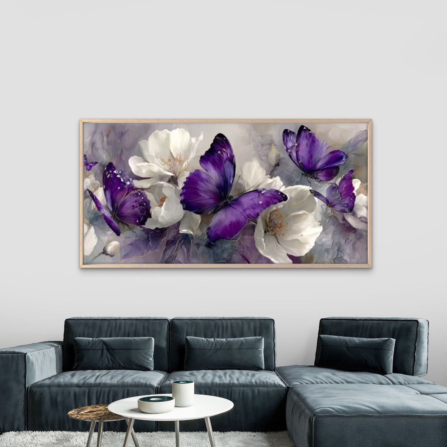 Purple Butterflies & Floral Wall Art Canvas Office Home Room Framed 120x60cm