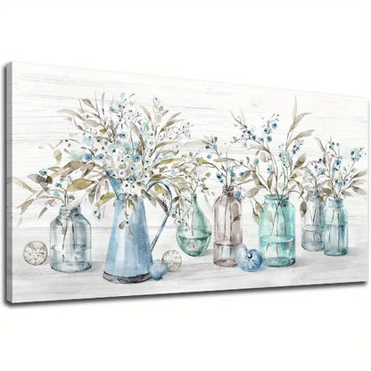 Vintage Indigo Floral Rustic Botanical Blue Flowers & Glass Vases Wall Art canvas office home room framed 120x60cm