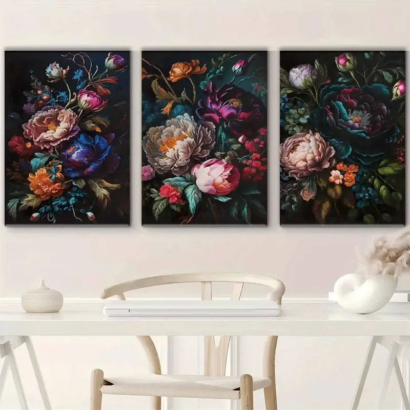3pcs Dark Green & Multicolor Large Peony Panels Metal Print Ready to Hang Art