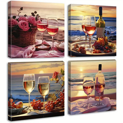 4pcs Romantic Beach Sunset Wine Glass & Fruit Wall Art Canvas Framed