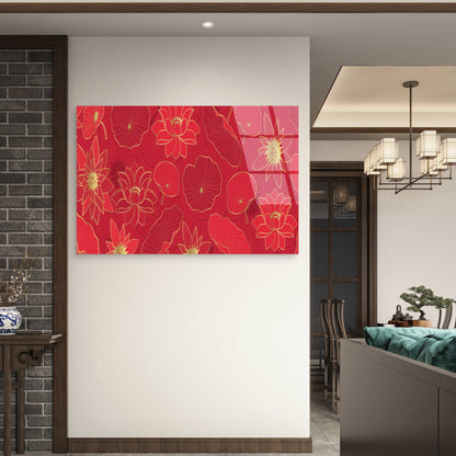 Abstract Red & Gold Lotus Flower Pattern Acrylic Glass Printing Wall Art Australian Made Quality