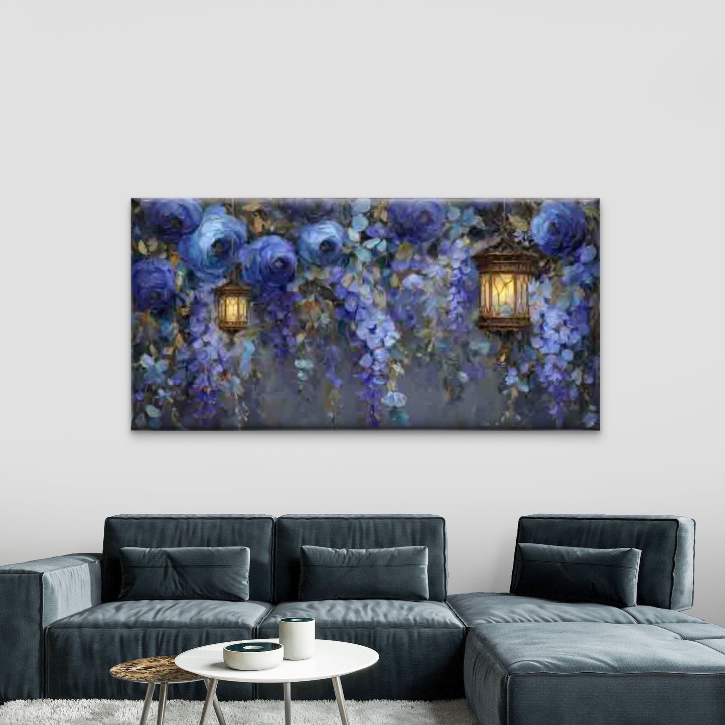 Wisteria & Blue Floral Lantern Wall Art Canvas Office Home Room Framed 120x60cm