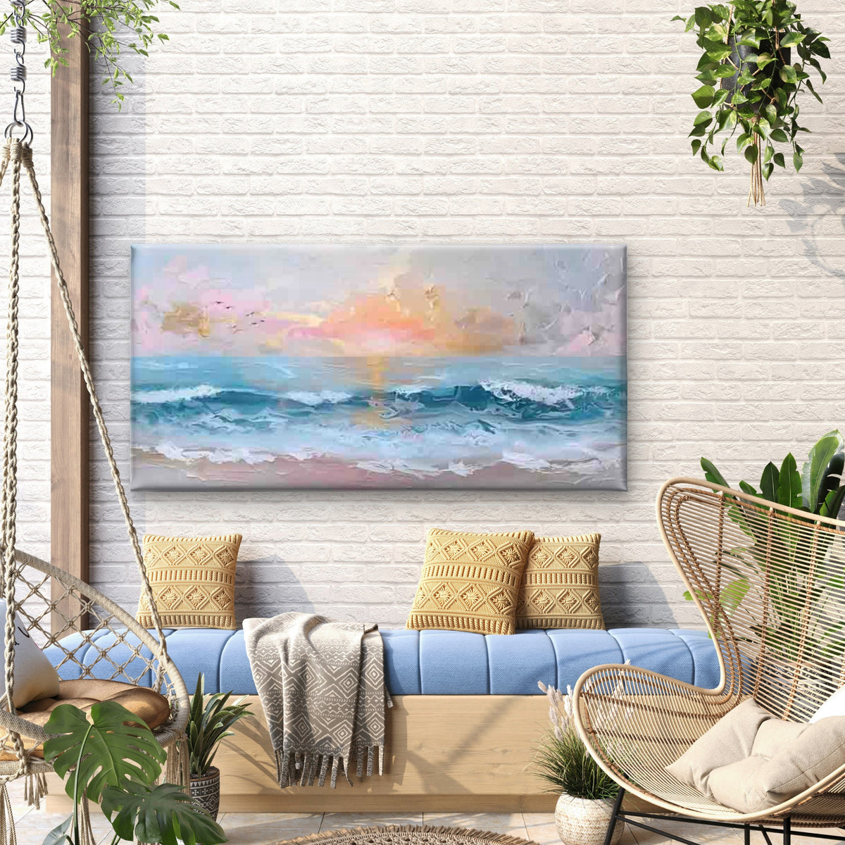 Sunset Beach Ocean Waves Wall Art Canvas Office Home Room Framed 120x60cm