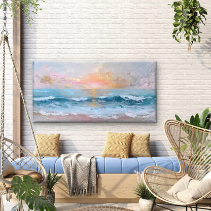Sunset Beach Ocean Waves Wall Art Canvas Office Home Room Framed 120x60cm