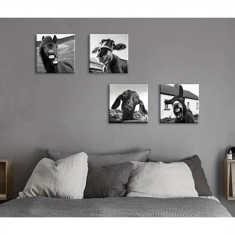 4pcs Horse, Cow, Goat, Donkey with Humorous Wall Art Canvas Framed