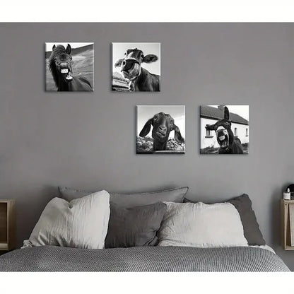4pcs Horse, Cow, Goat, Donkey with Humorous Wall Art Canvas Framed