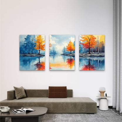 3pcs Watercolor Autumn Tree Lake Reflection Wall Art Set Canvas Framed 60x90cm - High Quality Print 100% Australian Made Wall Canvas Ready to Hang