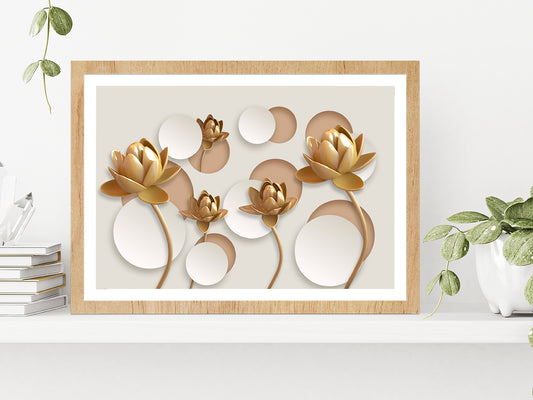 White & Gold 3D Floral Design Glass Framed Wall Art, Ready to Hang Quality Print With White Border Oak