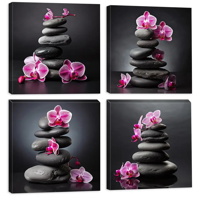 4pcs Black Pebbles Canvas Print, Flower BF Wall Art Canvas Framed