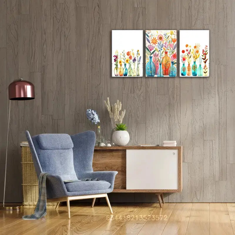3pcs Bright Floral Vase And Flowers Unique Metal Print Ready to Hang Art
