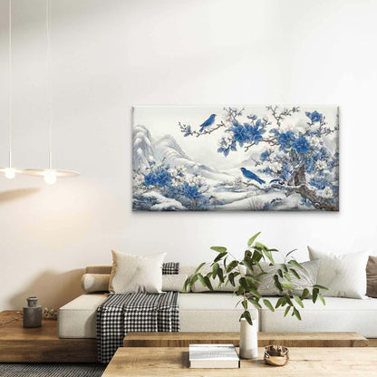 Blue Birds & Snowy Landscape Wall Art Canvas Office Home Room Framed 120x60cm