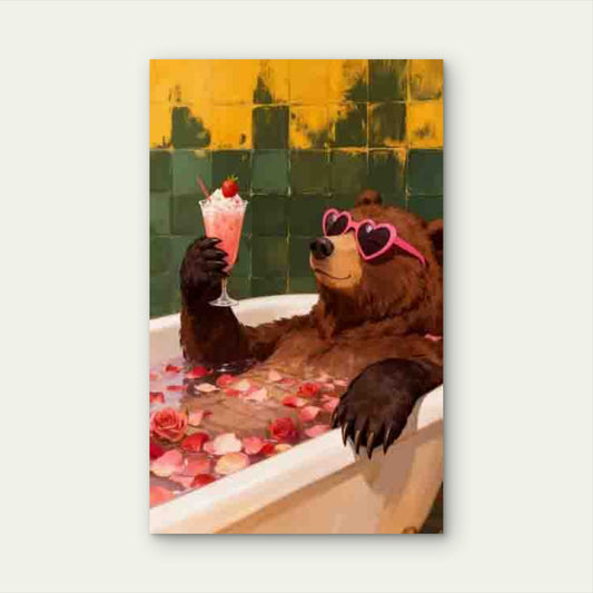 Brown Bear Drinking Cocktail in Bathtub 60x90cm Metal Print Ready to Hang