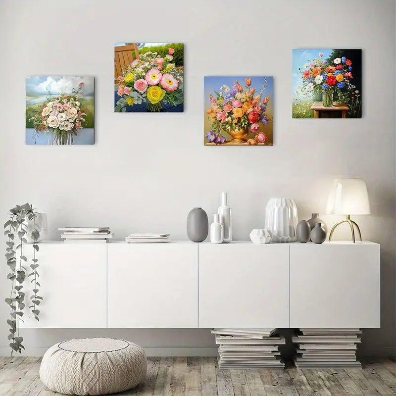 4pcs Vibrant Roses, Daisies & Wildflowers Wall Art Canvas Framed