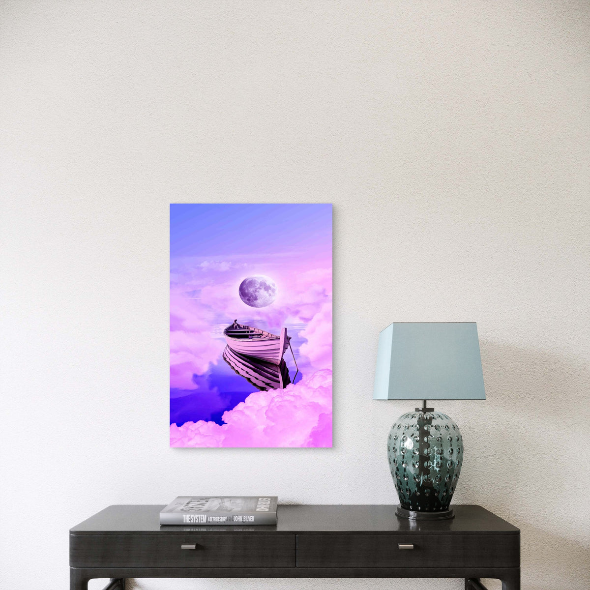 Boat on Calm Purple Water Metal Print Ready to Hang
