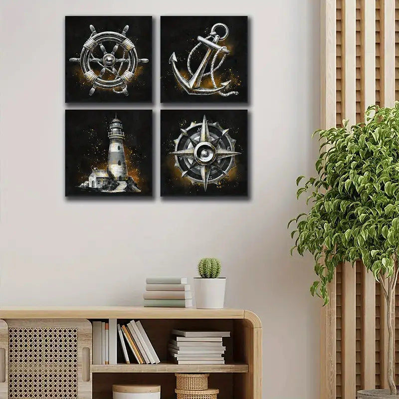4pcs Lighthouse, Anchor, Compass & Ship Wheel Wall Art Canvas Framed
